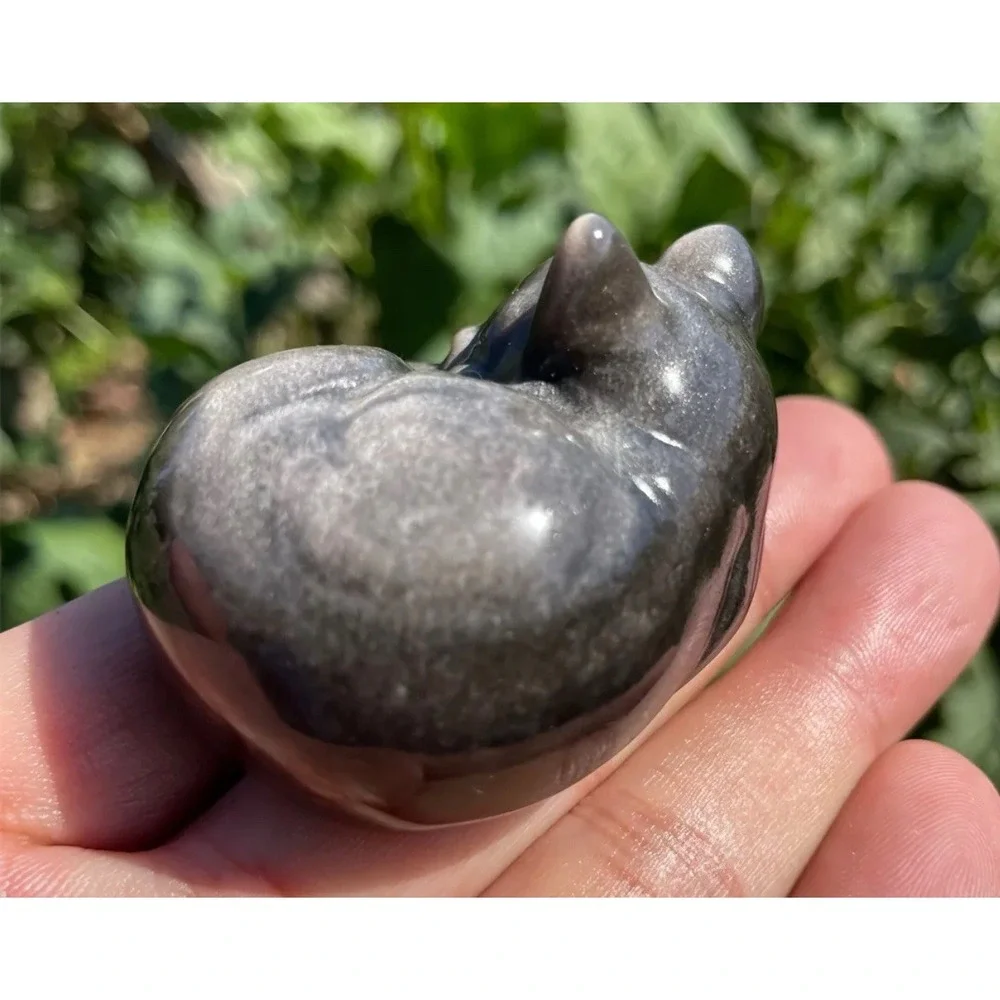 Cat Silver Obsidian Stone Cat hand‎ carved crystal reiki Figure 5.5 cm